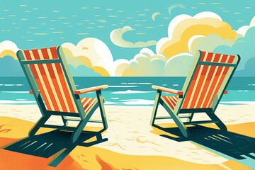 Illustration of two chairs on a sunlit beach, representing the concept of summer vacation. Generative AI