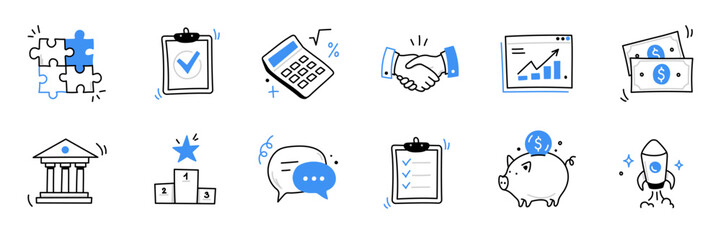 Hand drawn business, money icon set. Finance, money, marketing sketch drawn cute trendy doodle icon. Business money, finance calculator, economic elements. Vector illustration