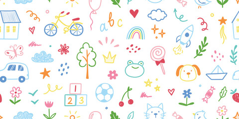Kindergarten doodle vector background. Hand drawn doodle style children cute seamless pattern, preschool wallpaper. Kids education simple background with toy, car, house elements. Vector illustration - obrazy, fototapety, plakaty