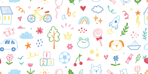 Kindergarten doodle vector background. Hand drawn doodle style children cute seamless pattern, preschool wallpaper. Kids education simple background with toy, car, house elements. Vector illustration