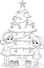 Coloring page children decorating a Christmas tree with ornaments