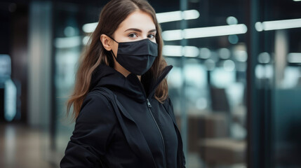 Fototapeta premium woman with black protective disposable medical face mask in public area, airport or city subway, covid concept