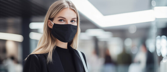 woman with black protective disposable medical face mask in public area, airport or city subway, covid concept