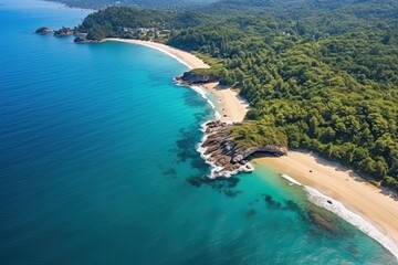 Fototapeta na wymiar Aerial View of Beach Coastline: Nature Landscape of Beautiful Tropical Beach and Sea on a Sunny Day
