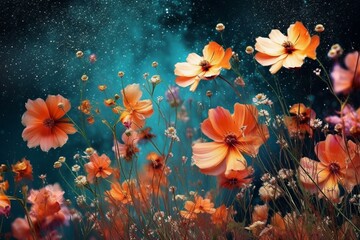 Fototapeta na wymiar Vibrant floral backdrop with cosmos flowers. Artwork. Generative AI
