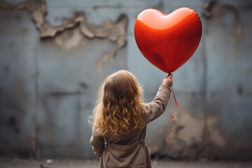 Saint Valentine's Day concept. Back view of cute little girl with curly hair holding red love in the shape of a heart balloon on grey background.
