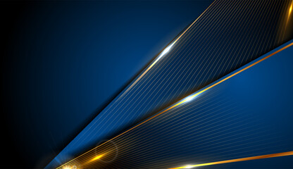 Fototapeta na wymiar Dark blue abstract background with glowing golden lines and stripes. Vector corporate design