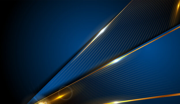 Dark blue abstract background with glowing golden lines and stripes. Vector corporate design