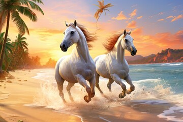 Obraz na płótnie Canvas Beach Palm Tree: Majestic Horses Running on the Shoreline