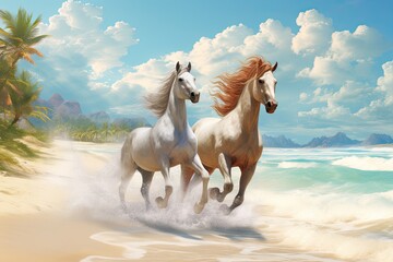 Obraz na płótnie Canvas Beach Palm Tree and Horses Running: Spectacular Coastal Scene