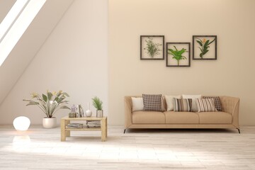 White living room with sofa. Scandinavian interior design. 3D illustration