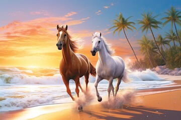 Beach Palm Tree: Majestic Horses Running on the Sandy Shoreline