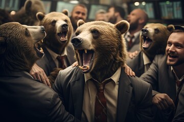 Bear Market Happy Hedge Fund Managers Celebrating Recession Financial Crisis Falling Crashing Plunging Slumping Dropping Stock Market Short Side SQQQ Making Money Good Returns - obrazy, fototapety, plakaty