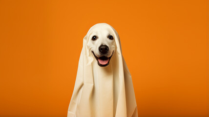 Funny dog wearing cute ghost halloween costume - obrazy, fototapety, plakaty