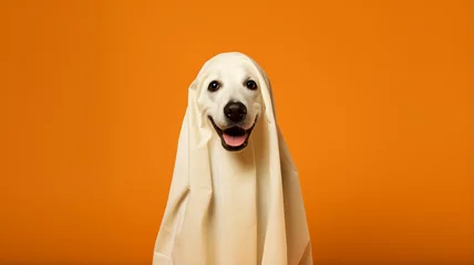 Tuinposter Funny dog wearing cute ghost halloween costume © Tierney