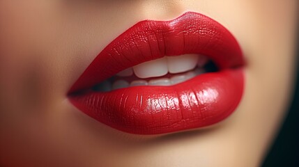 a close up of a woman's lips with red lipstick - obrazy, fototapety, plakaty