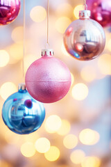 Fototapeta na wymiar Christmas pastel colored baubles with beautiful bokeh lights