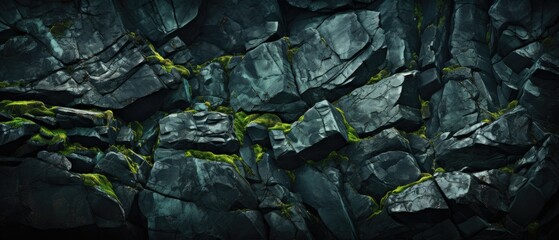 The stone wall's surface showcases a textured black rock, where vibrant green veins and nuggets introduce a refreshing and organic element to the rustic backdrop. - obrazy, fototapety, plakaty