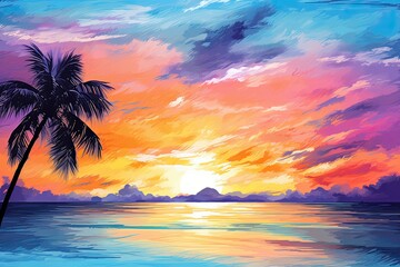 Fototapeta na wymiar Beach Sunset Drawing: Palm Tree on Tropical Beach, Blue Sky, and White Clouds � Abstract Background