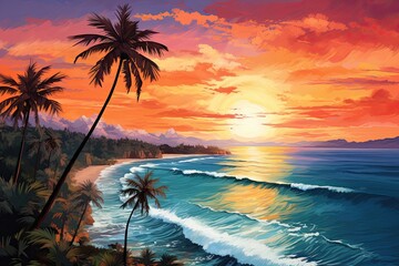 Aerial View of Beach Coastline: Stunning Beach Sunset with Palm Trees