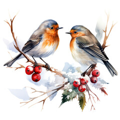 Fototapeta premium Vibrant Watercolor Christmas Birds with Holly Accents Isolated on White Background
