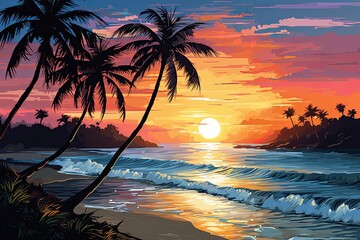 Fototapeta premium Beach Sunset with Palm Trees: Captivating Sunny Day Beach Moment