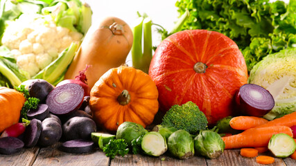 Fresh raw vegetables ingredents -various autumn, winter vegetables- pumpkin, butternut, broccoli,carrot,cauliflower