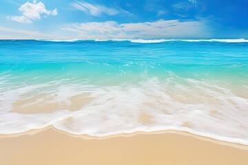 Beach View: Soft Wave of Blue Ocean on Sandy Beach Background - Tranquil and Serene Coastal Scene