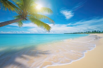 Fototapeta na wymiar Beach with Palm Tree: Soft Wave of Blue Ocean on Sandy Beach Background