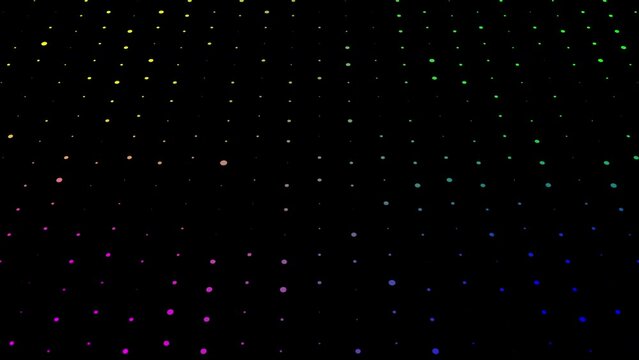 4K Glowing colorful small dots digital landscape technology background 3d cube particles moving. Dark technology bg glowing random dots in grid. Footage for Big data, machine learning, virtual space. 