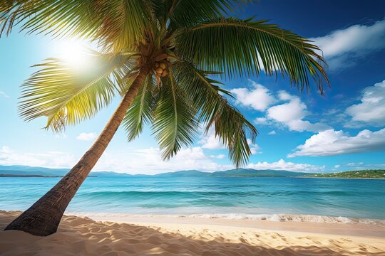 Beautiful Tropical Beach with Palm Tree: Nature Landscape View of Sunny Day by the Sea