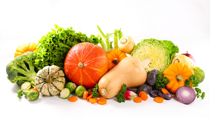 Fresh raw vegetables ingredents- pumpkin, butternut, broccoli,carrot,cauliflower isolated on white...