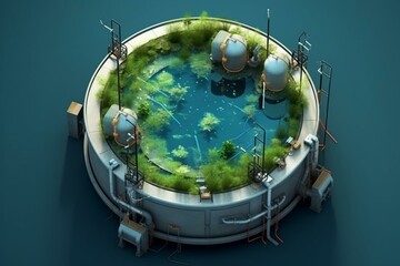 Top view sedimentation tank for water treatment, promoting ecosystem and healthy environment. Generative AI