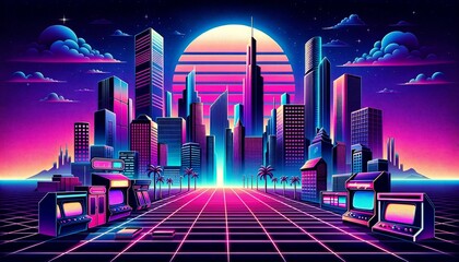retro illustration with neon, tall buildings, retro games, and the sun - obrazy, fototapety, plakaty