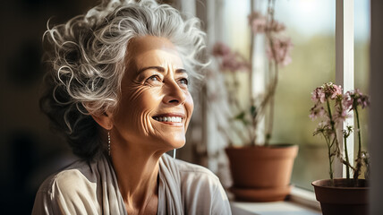 Happy mature gray hair retired woman enjoying and looking out the window at home