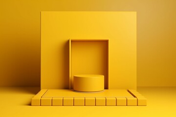 Abstract yellow cube stage with geometric shape on a minimal background and empty pedestal display scene. Generative AI