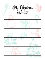 Obraz premium Christmas wish list blank template. Empty Xmas wishlist with cute kid doodles and copy space. Vertical vector illustration. Printable page US Letter proportions size