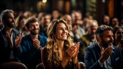 Happy audience applauding at a show or business seminar,theater performance listening and clapping...