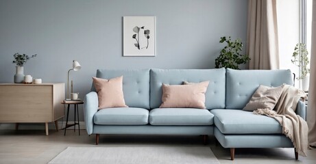 In a modern Scandinavian apartment's living room, a light blue sofa and recliner chair add a touch of elegance to the interior design