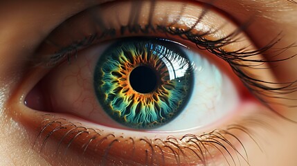 a close up of a person's eye with an orange and blue iris