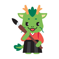 書道の筆を持つかわいい辰のお正月用イラスト　年賀状　寒中見舞い