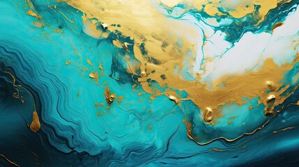 Abstract turquoise golden grunge marble liquid background. Generative AI - obrazy, fototapety, plakaty