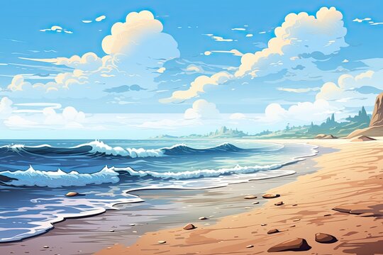 Cartoon Beach: Wave of the Sea on the Sand Beach - A Playful and Vibrant Digital Image