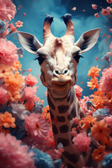 Giraffe with flowers. Creative animal portrait. Created with Generative AI
