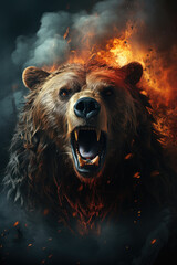 Illustration angry bear portrait fire and smoke. Generative AI - obrazy, fototapety, plakaty