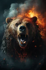 Fotobehang Illustration angry bear portrait fire and smoke. Generative AI © Uliana