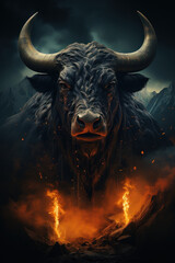 Illustration angry bull portrait fire and smoke. Animal on a dark background. Generative AI