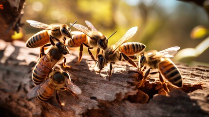 a group of honey bees perched on a hive - Powered by Adobe