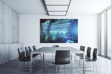 Abstract digital world map on presentation tv screen in a modern meeting room, research and strategy concept. 3D Rendering