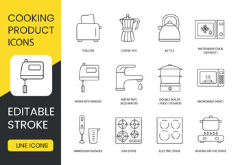 Enhance your culinary skills with this set, microwave oven, defrost, kettle, coffee pot, toaster, heating options, double boiler steamer, water taps. Cooking product icons, editable stroke